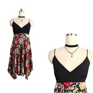 Vintage Midi Dress L XL Black Red Y2K 90s Babydoll Floral Fairy Sundress